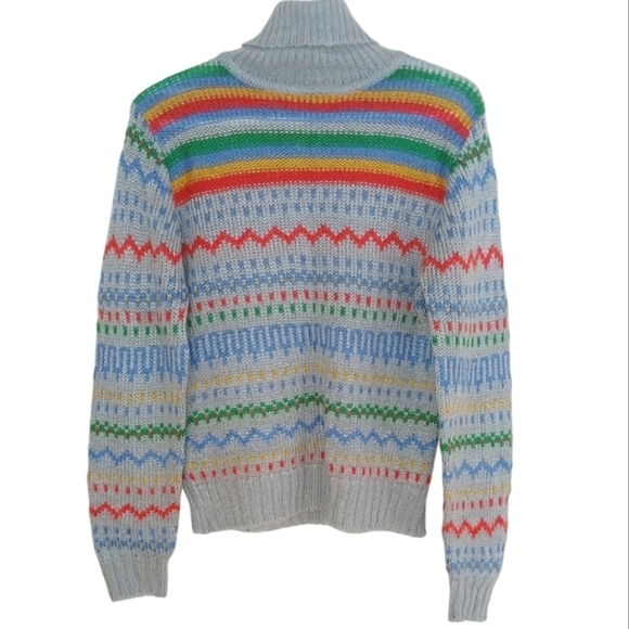 Vintage Fair Isle Knit Cowl Neck Sweater Gray Multicolor Nordic Print Medium - Picture 3 of 3